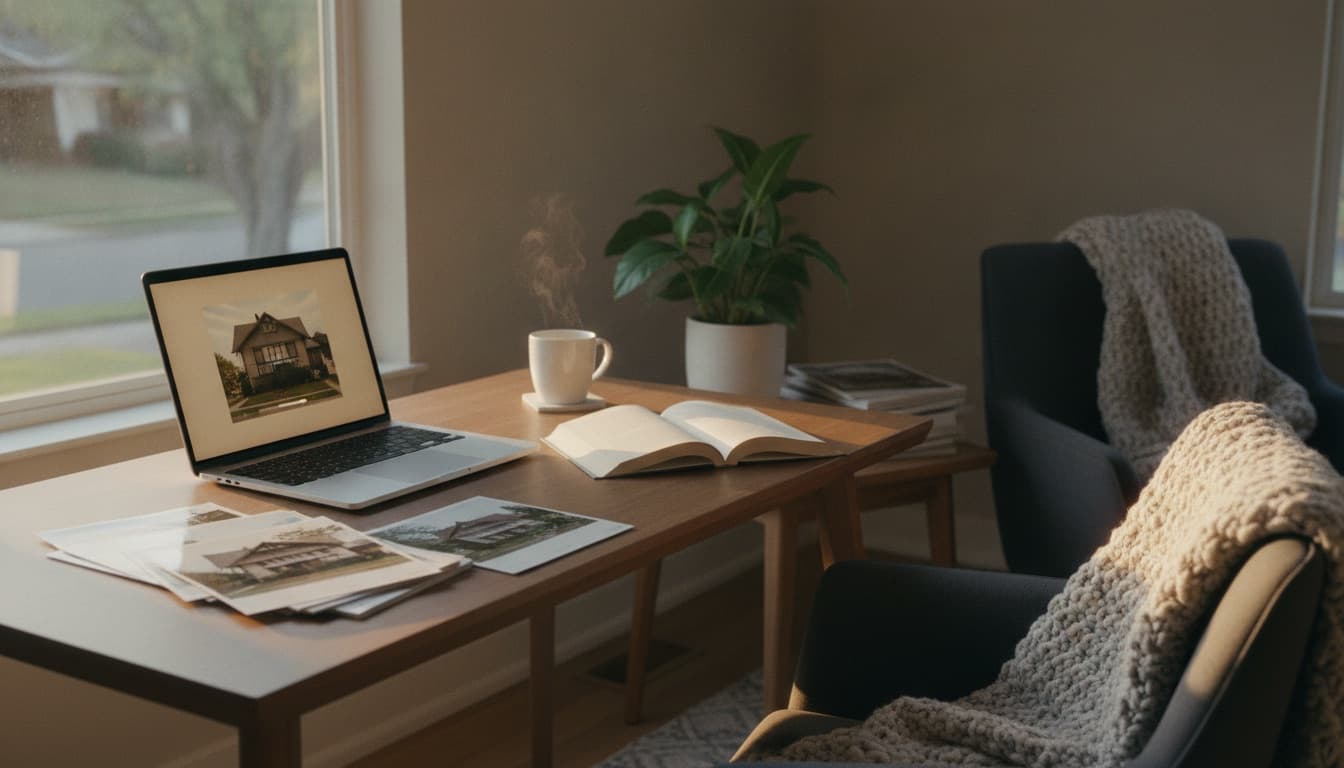 A laptop showing a property video mid-render beside a stack of ordinary listing photos, warm evening light on the desk