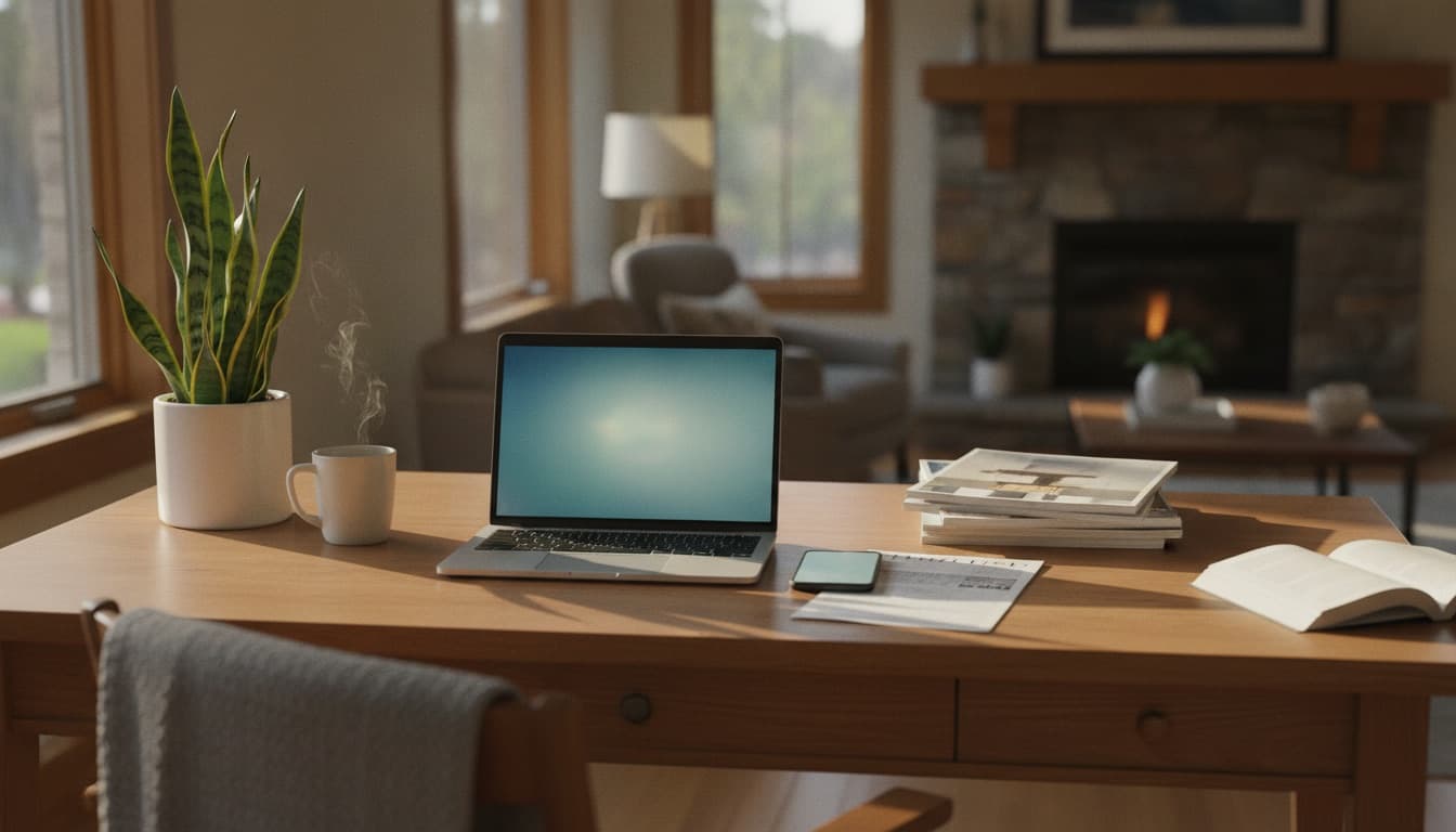A tidy desk with a laptop open to a property listing, a phone, and a printed listing sheet in warm afternoon light
