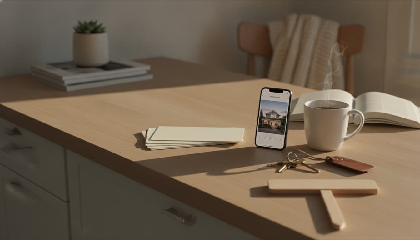 A phone propped against a stack of printed listing photos on a kitchen counter, its screen showing a draft social post of a house exterior at dusk, a wooden yard sign rider leaning beside it in morning light