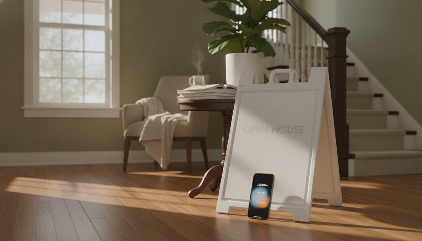 A phone showing a vertical open-house promo clip with a date-and-time card, propped beside an open house sign in a bright entryway