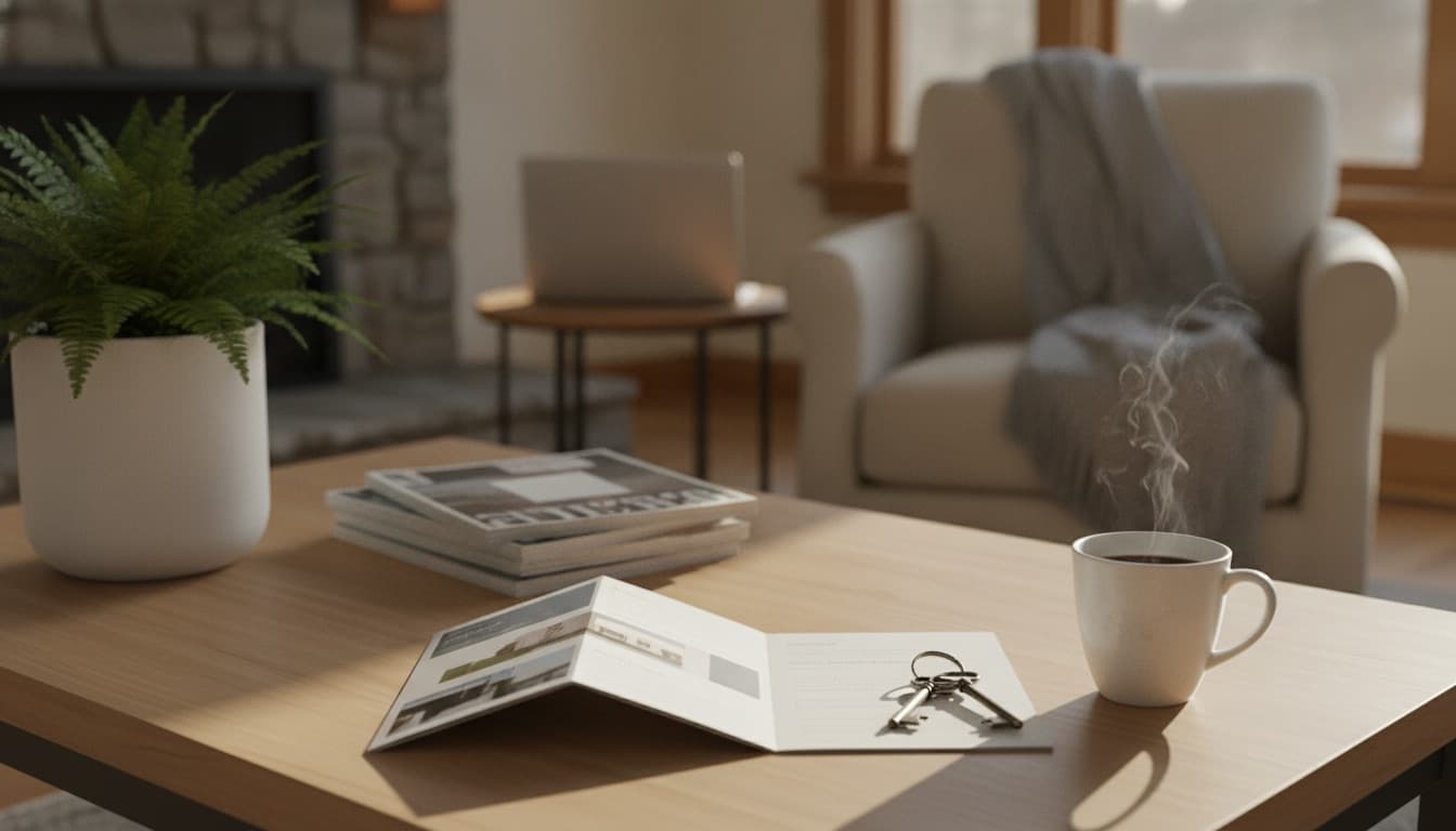 A printed tri-fold real estate brochure open on a table beside a set of keys and a coffee, the way a buyer flips through it after a showing