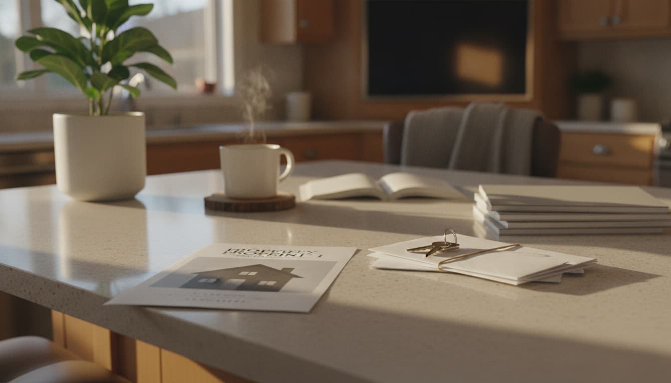 A close-up of a printed property flyer on a kitchen counter beside keys and mail, the way a buyer actually sees it after an open house