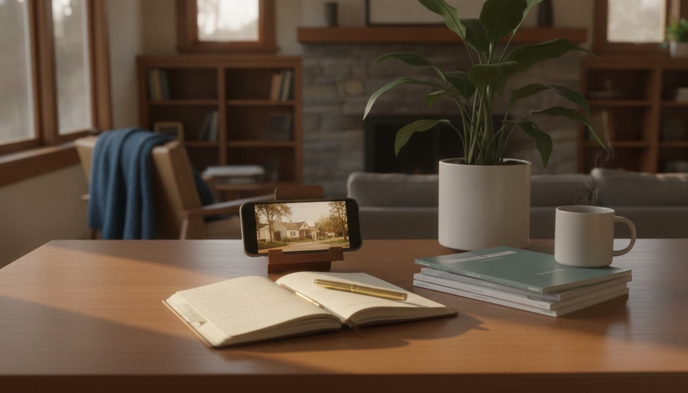 A phone on a desk showing a neighborhood video, a notebook of contacts beside it in morning light