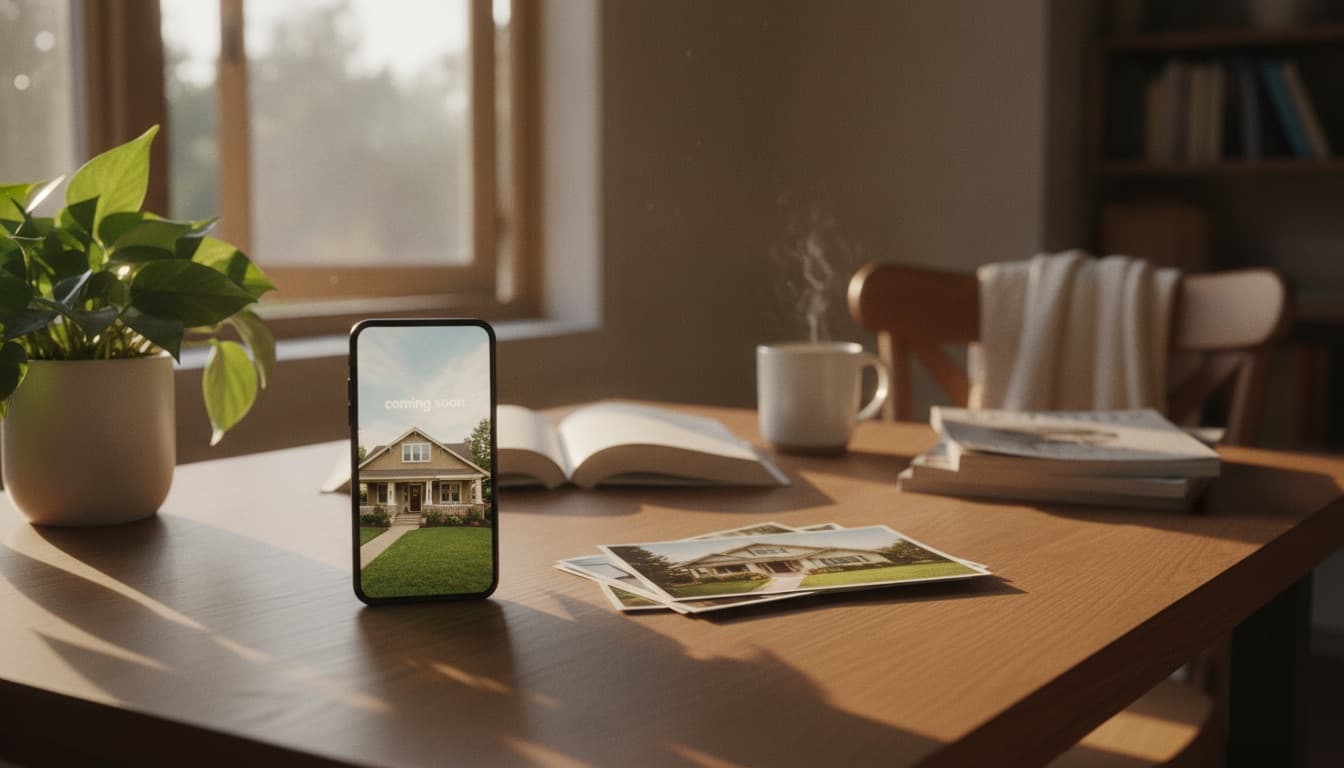 A phone on a desk showing a vertical coming-soon teaser clip of a house, a stack of listing photos beside it in warm evening light