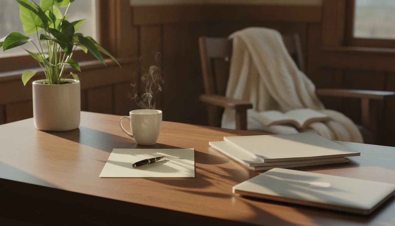 A tidy desk with a single sheet of paper, a pen, and a coffee, morning light across the surface