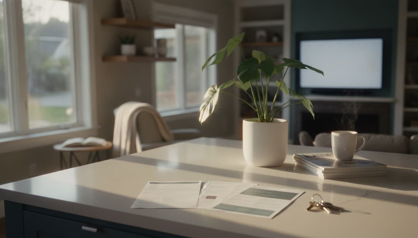 Three printed single-page property sheets fanned out on a kitchen island beside a set of house keys, each sheet with a different layout
