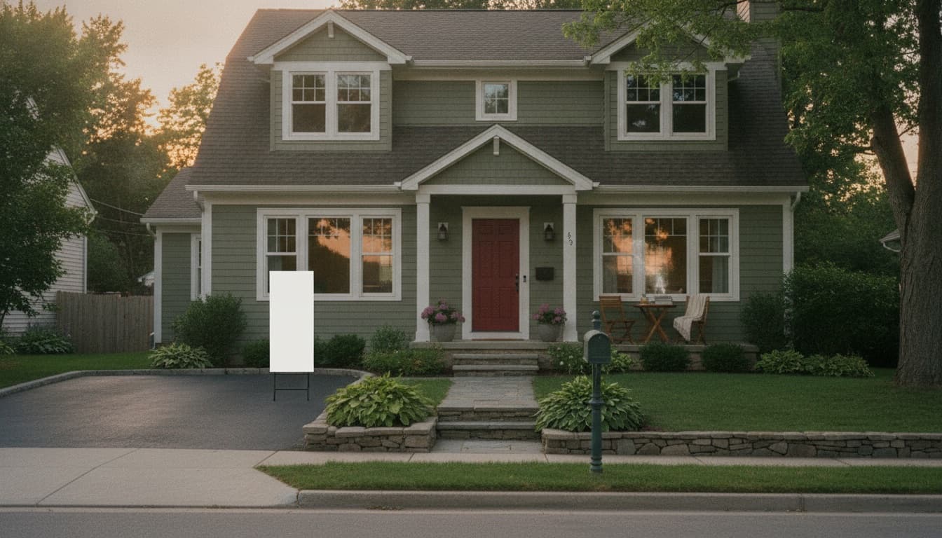 A suburban home exterior in afternoon light, an open house sign at the end of the driveway