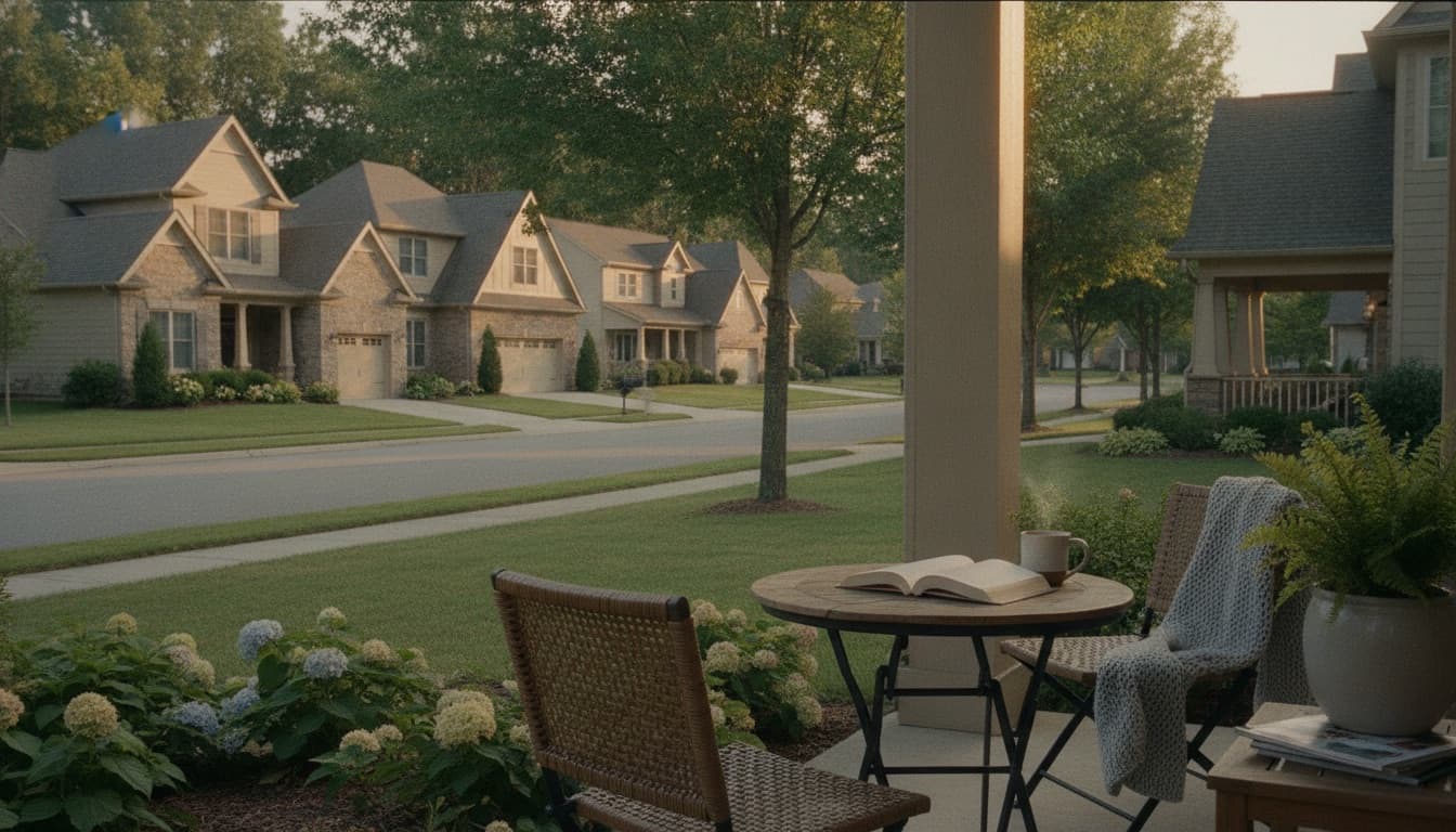 A row of suburban houses on a quiet street, the kind of neighborhood an agent farms with mailed postcards over months