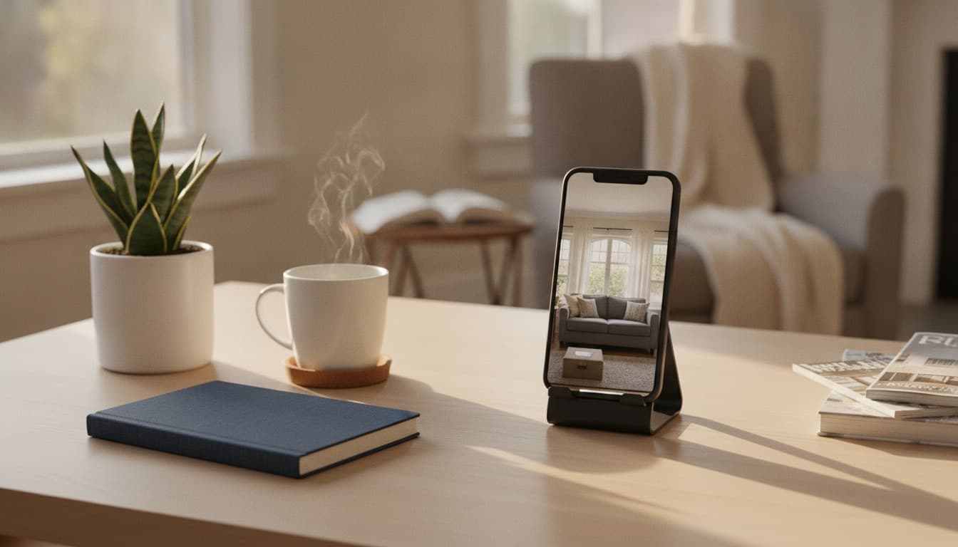 A phone held in one hand showing a vertical property video mid-scroll, a bright living room on screen