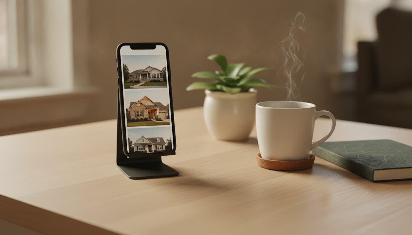 A phone propped on a desk showing a real estate post in a social feed, other posts stacked above and below it