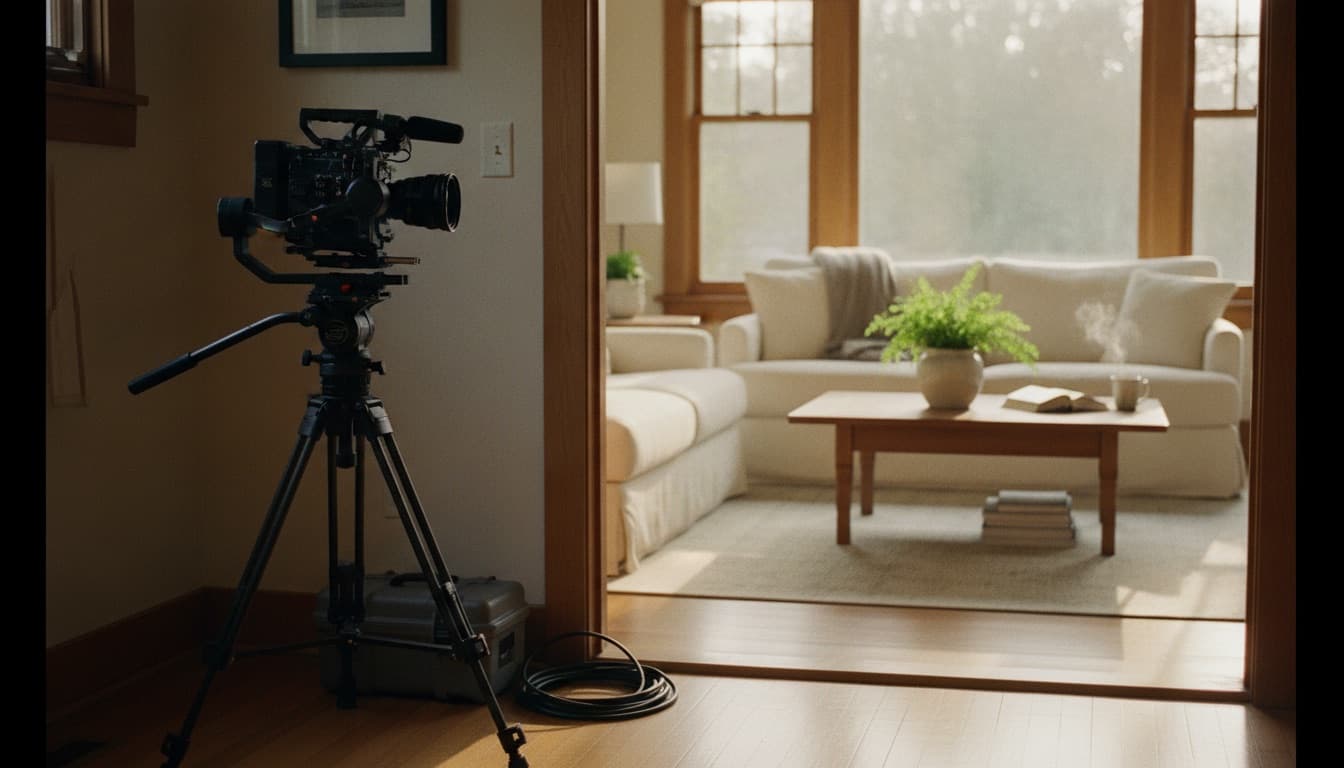 A gimbal-stabilized camera framing a sunlit living room through a doorway, the shot a real estate videographer would set up