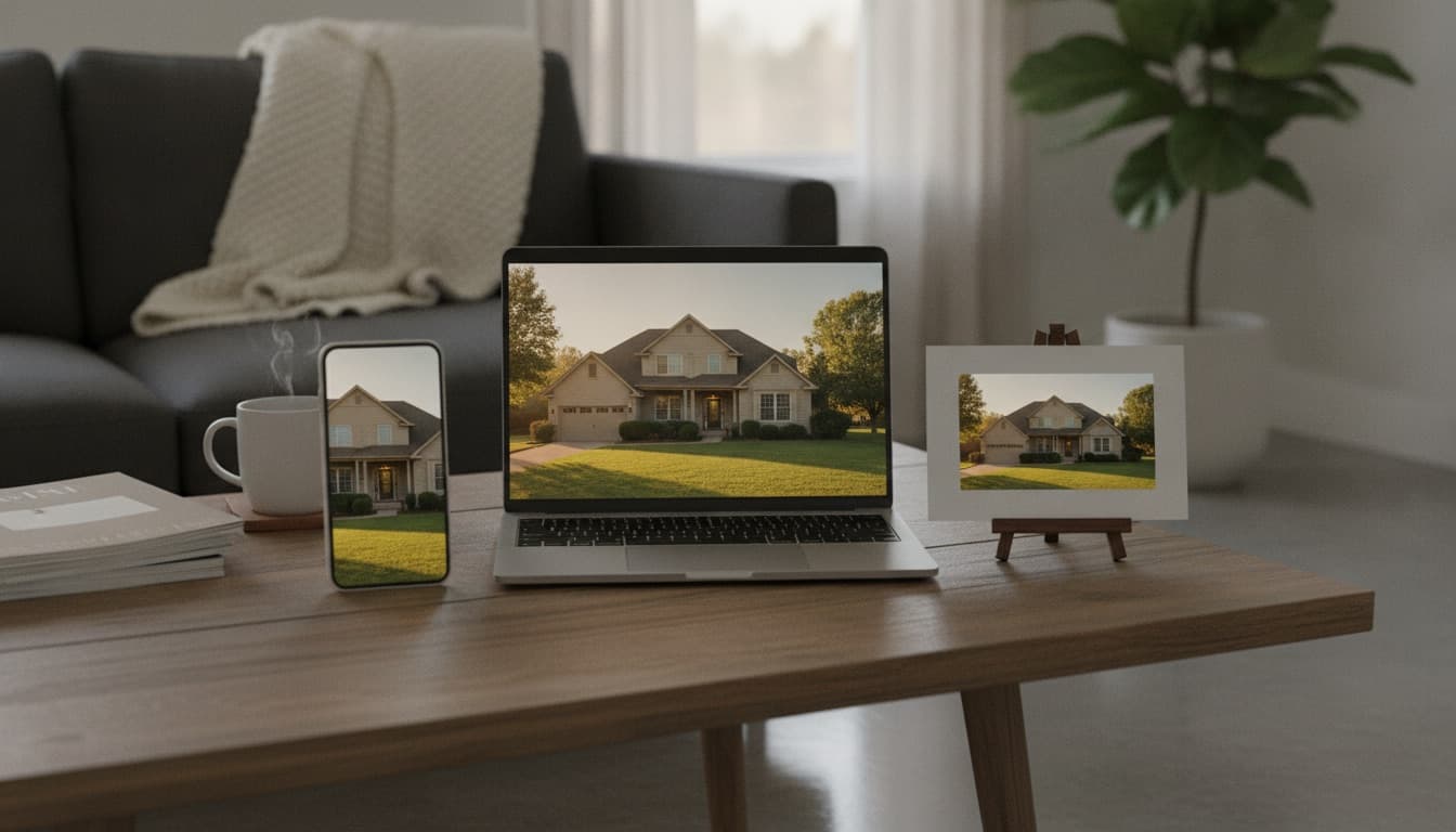 A suburban home shown three ways on three devices side by side, a phone, a laptop, and a listing card, each a different crop of the same house