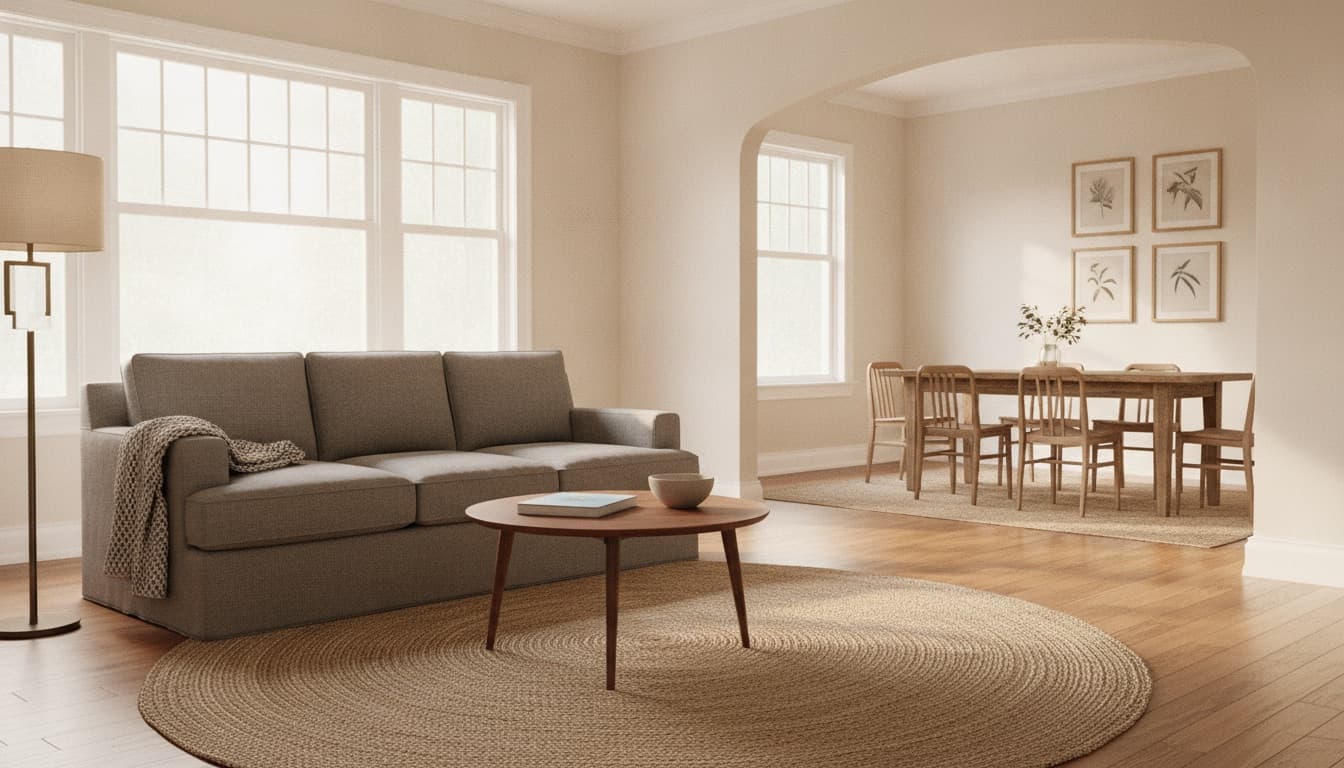 An empty sunlit living room with a wide archway opening into a dining area, showing how two rooms connect