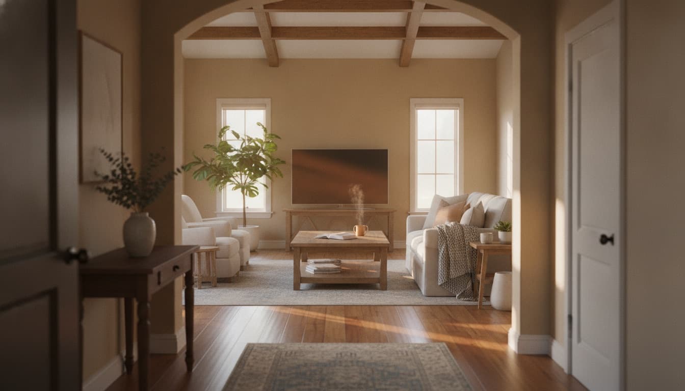 A view through a home's front doorway down a hallway into a sunlit living room, the path a walkthrough would follow
