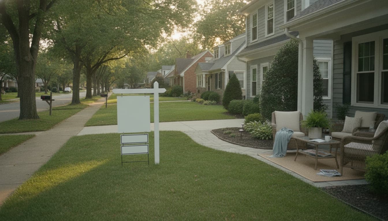 A for-sale sign with a sold rider on the front lawn of a suburban home, neighboring houses visible along the street in late-afternoon light
