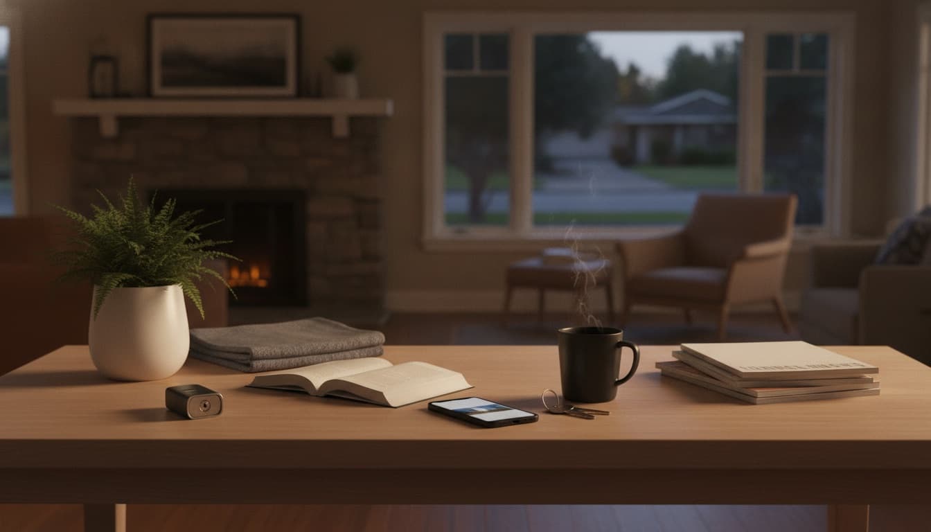 An empty agent's desk at dusk, a phone face-up showing a property listing, keys and a coffee left mid-task