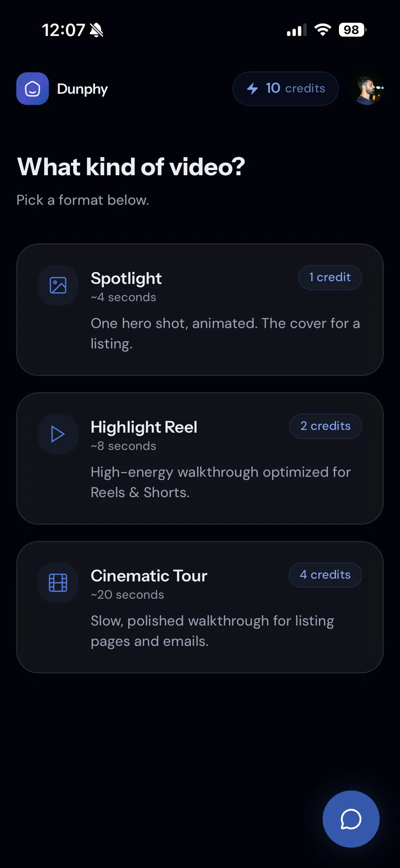 Dunphy format picker — Spotlight, Highlight Reel, Cinematic Tour