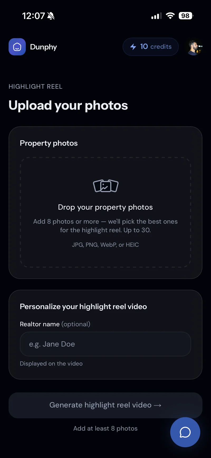Highlight Reel upload prompt — drop your property photos