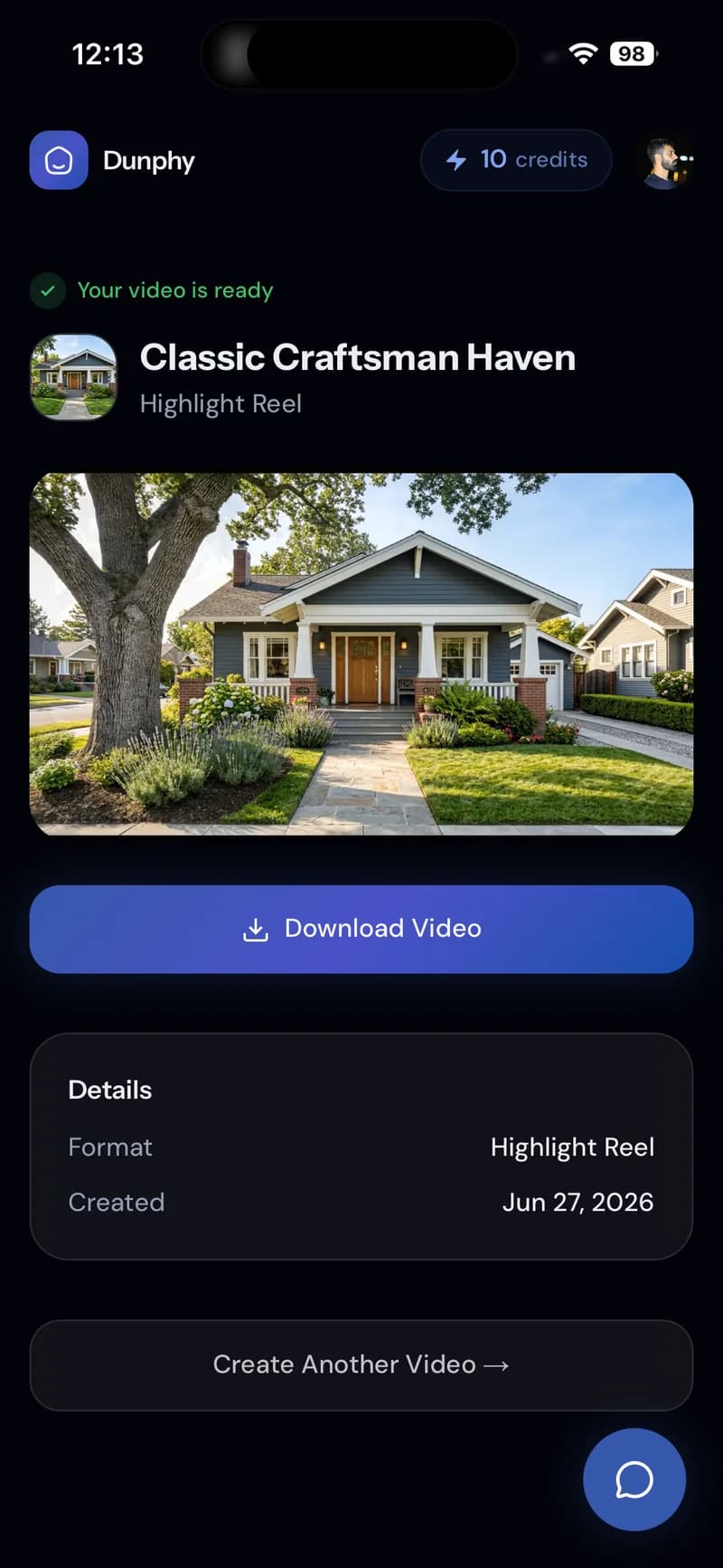 Finished Highlight Reel — Classic Craftsman Haven with Download Video button