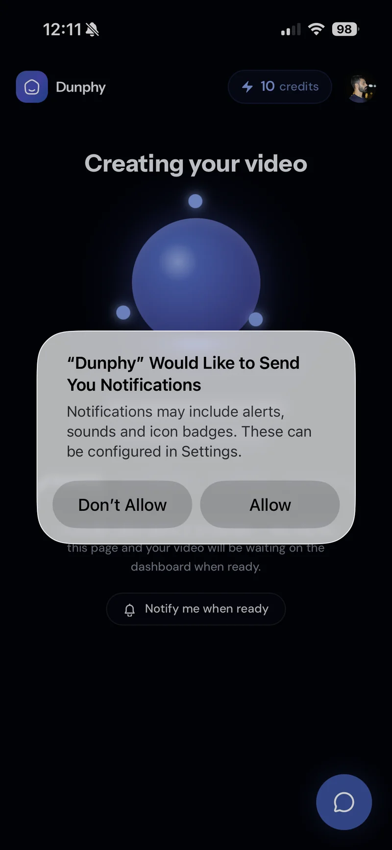 iOS native notification permission dialog for Dunphy