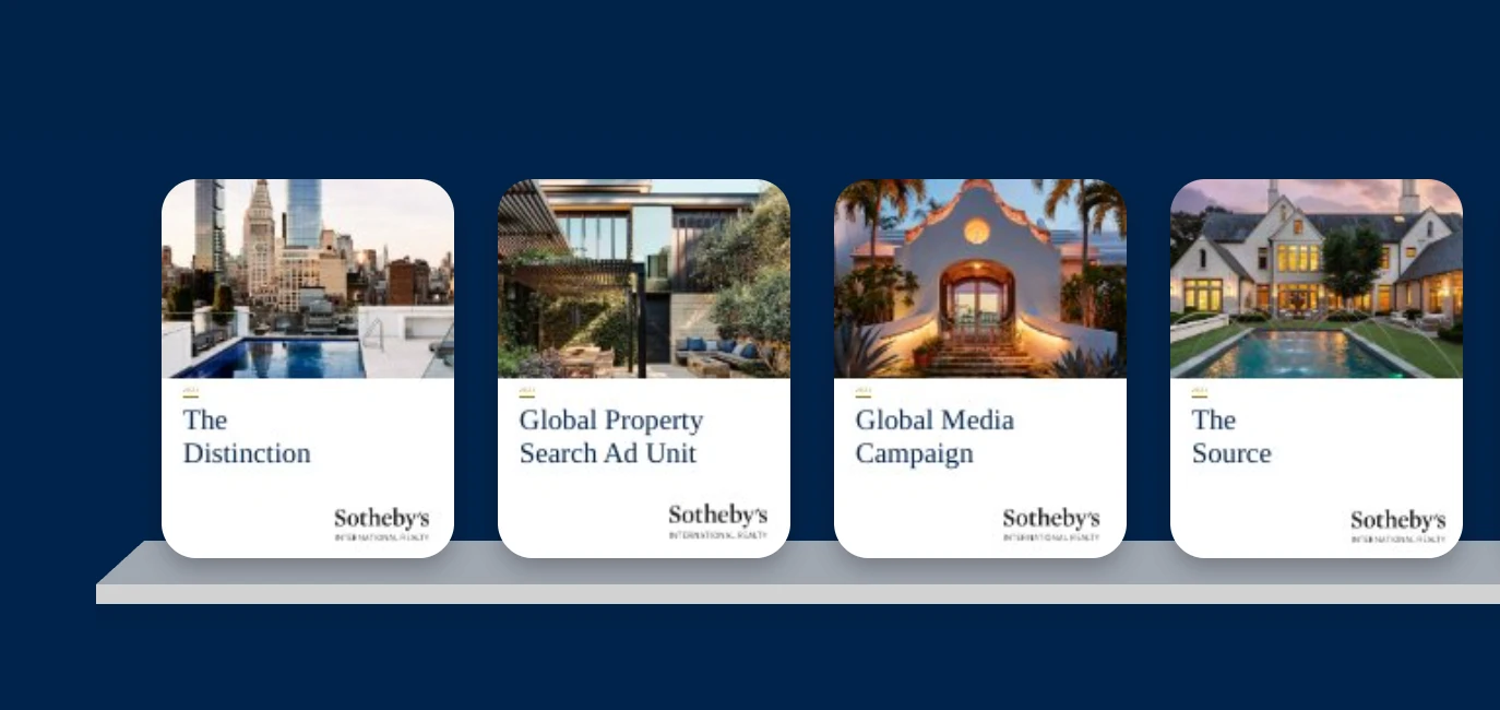 Sotheby's International Realty brochure suite — The Distinction, Global Property Search Ad Unit, Global Media Campaign, and The Source, each cover led by a single full-bleed property photo